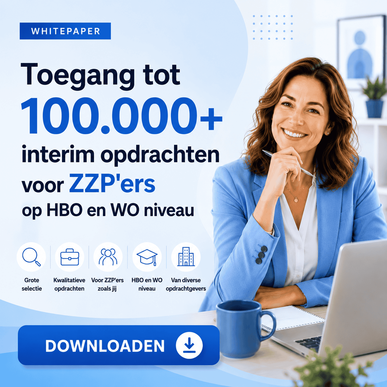 Cover van de whitepaper 'De Toegangcode', met uitleg over de vijf bronnen voor interim-opdrachten en de strategie per bron voor zzp'ers
